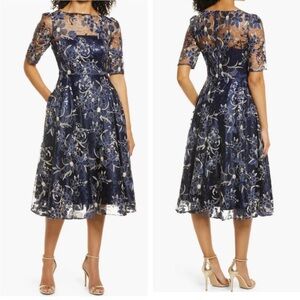 NWOT Eliza J Sequin Floral Embroidery Navy Fit & Flare Cocktail Midi Dress sz 6